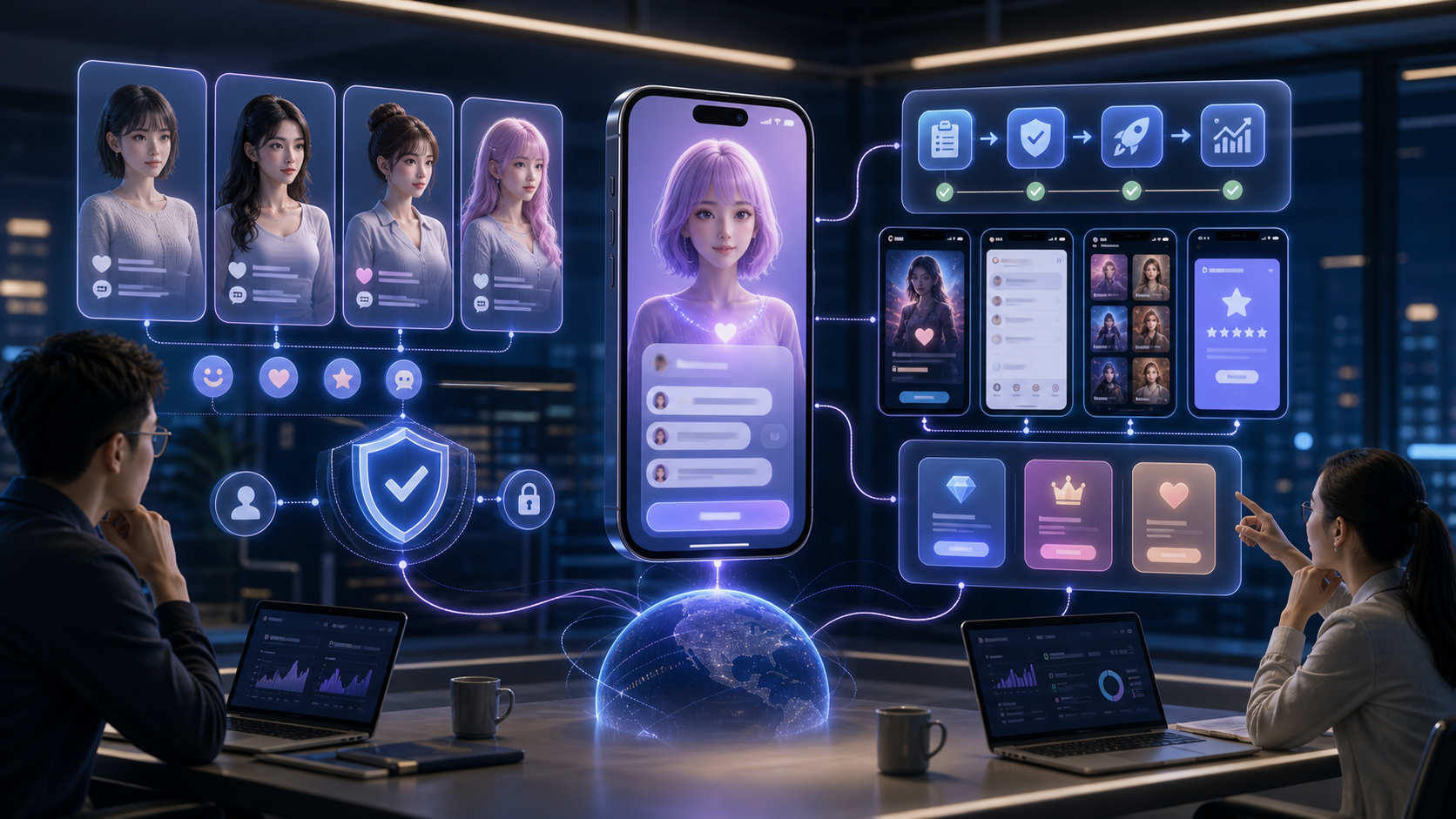 AI 伴侣 App 出海审核、广告素材、商店页和订阅转化链路示意图
