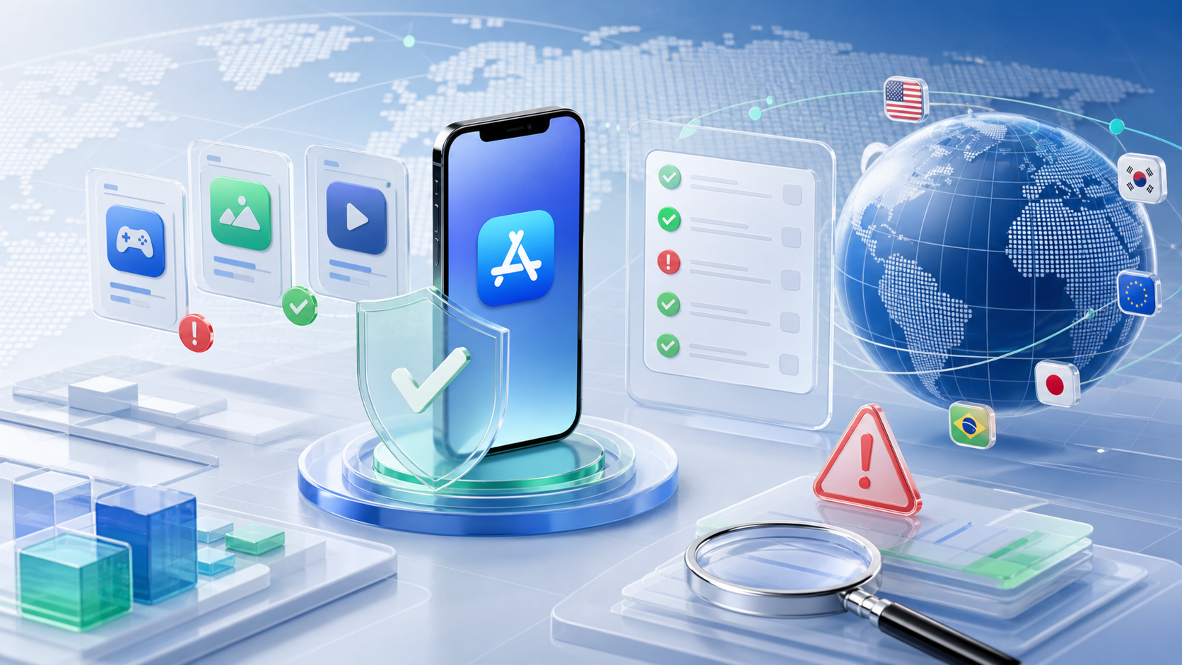 iOS 出海应用上架审核与合规风控示意图