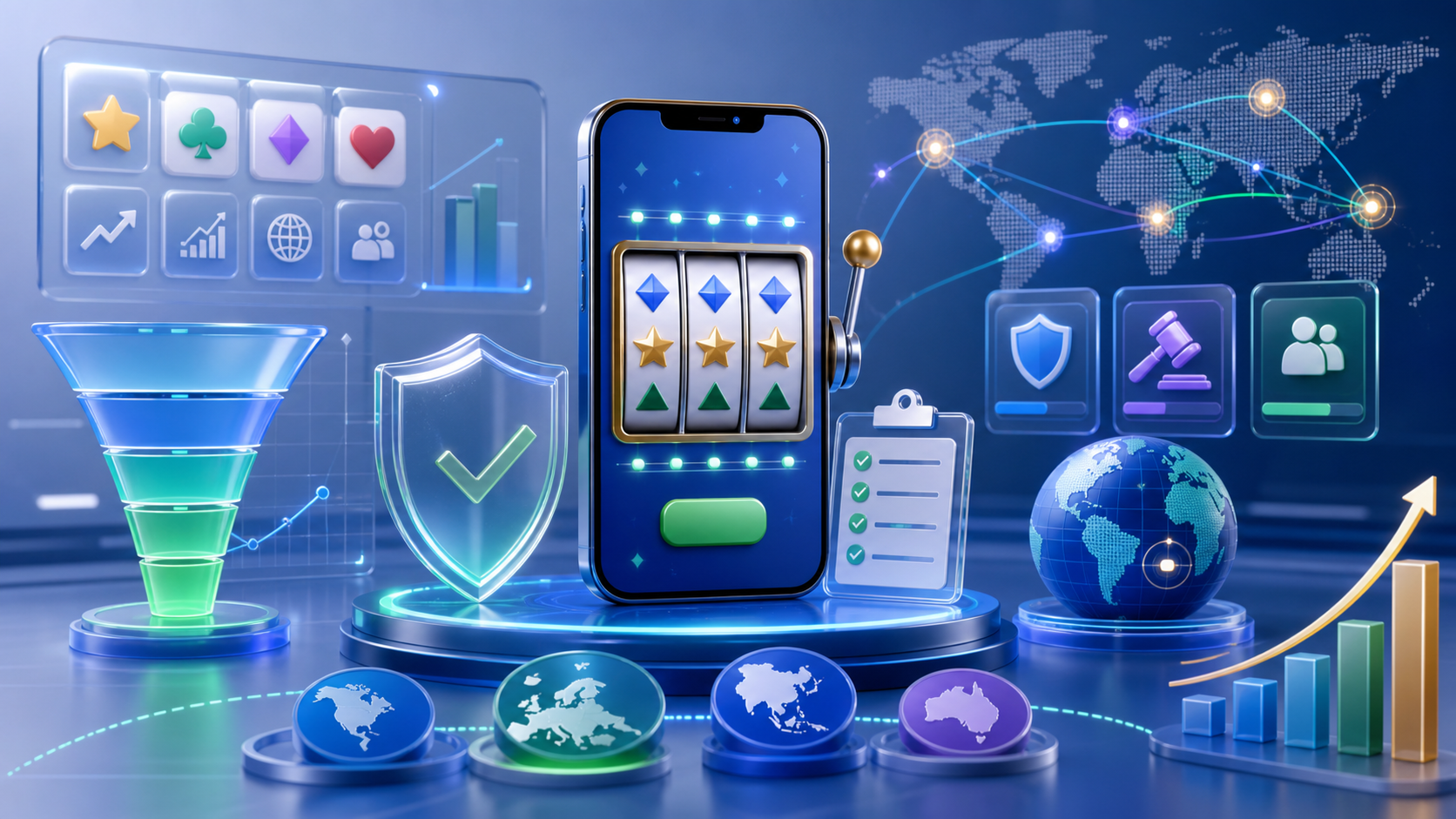 SLOTS 类应用出海上架、地区分发与风控准备示意图