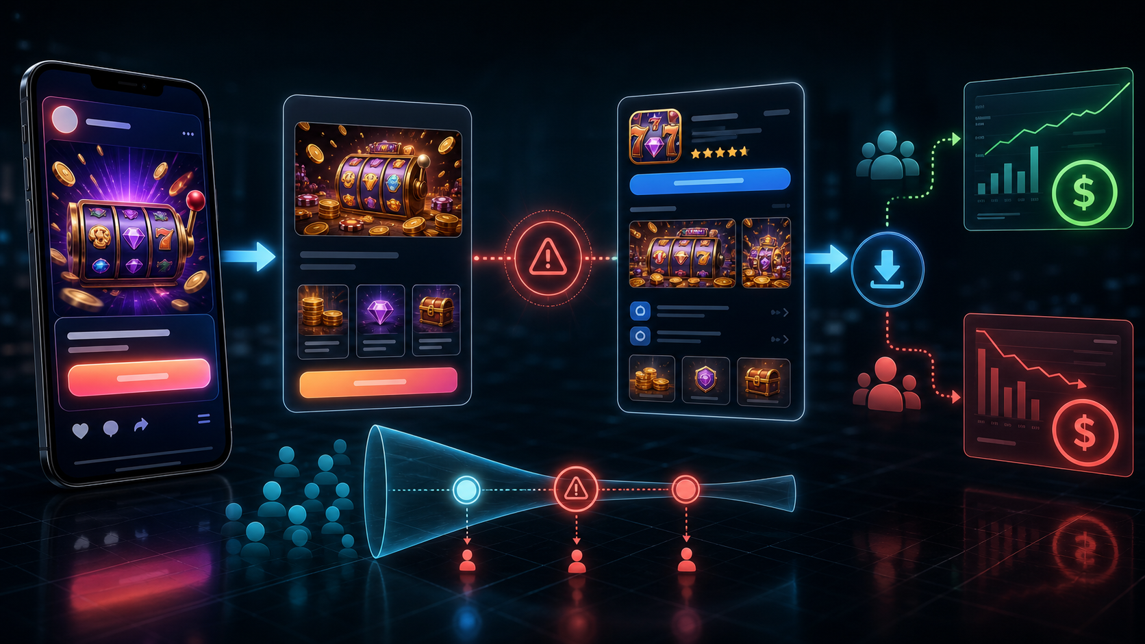 SLOTS 商店页和落地页一致性与 ROI 排查示意图