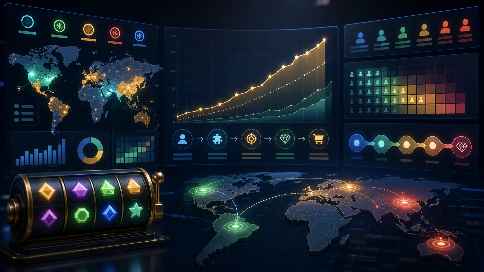 SLOTS 回本周期、Day7 ROI 和地区素材拆分示意图